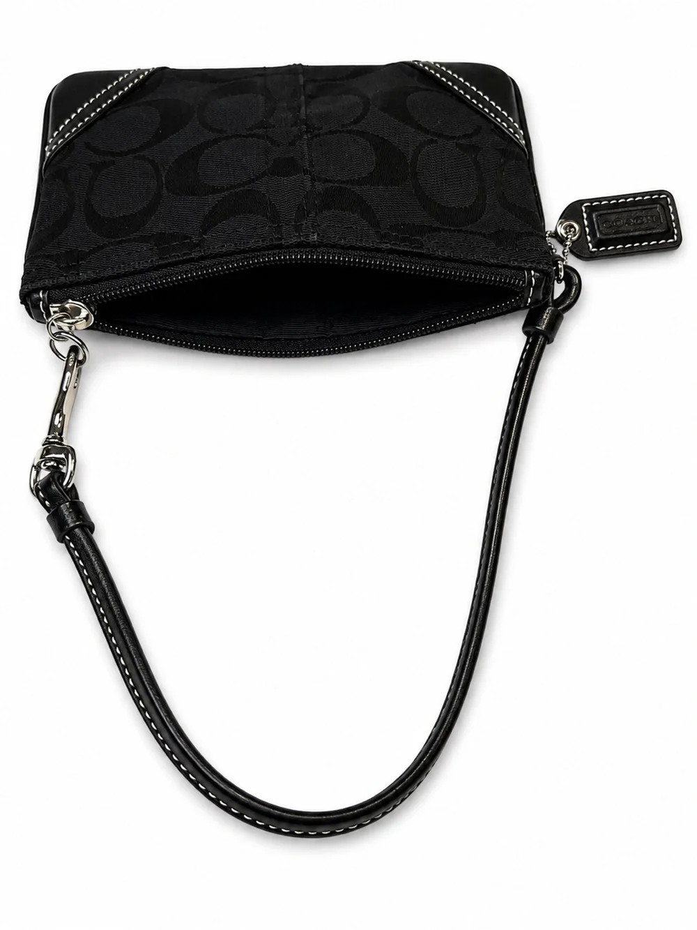 Coach Black Signature C Jacquard Wristlet Leather Trim Zip Pouch